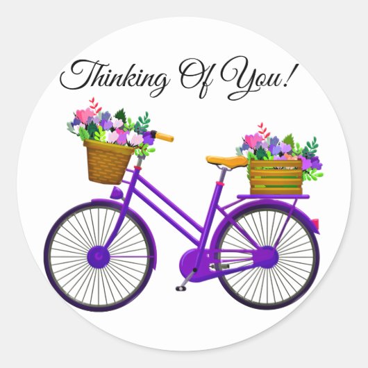 Violet fiets met mand bloemen ronde sticker (Voorkant)