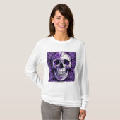 Violet Floral 3D Dode Schedel met violette bloemen T-shirt (Voorkant volledig)
