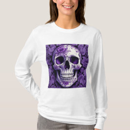 Violet Floral 3D Dode Schedel met violette bloemen T-shirt