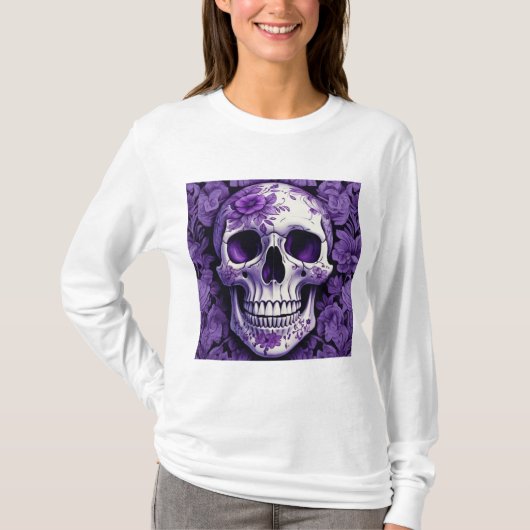 Violet Floral 3D Dode Schedel met violette bloemen T-shirt (Voorkant)