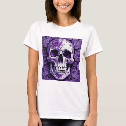 Violet Floral 3D Dode Schedel met violette bloemen T-shirt (Voorkant)