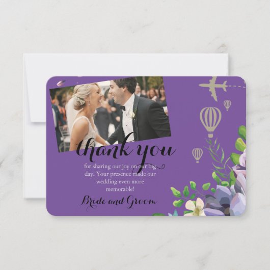 Violet Floral en Travel Thleding Wedding Bedankkaart (Voorkant)