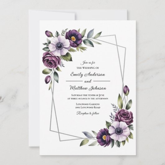 Violet Floral Frame Wedding Invitation Kaart (Voorkant)