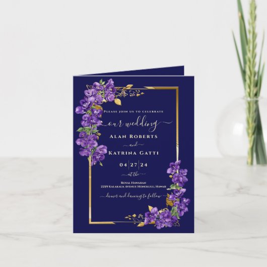 Violet Floral Gold Frame Elegant Folded Invitation (Voorkant)
