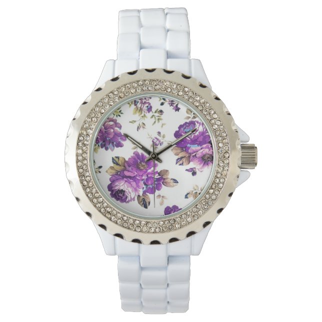 Violet Floral Pattern Horloge (Voorkant)