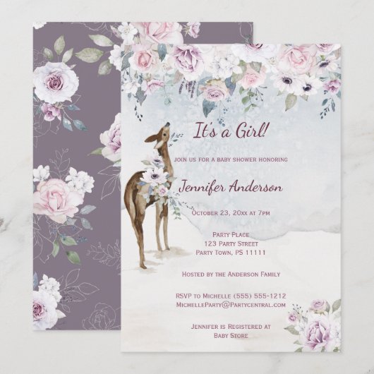 Violet Floral Roos Deer Girl Baby shower Kaart (Voorkant / Achterkant)
