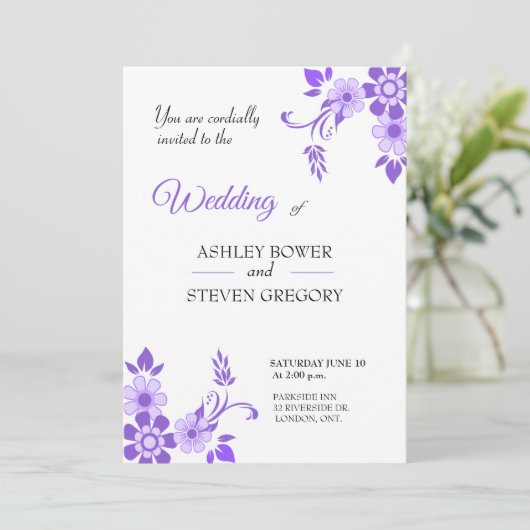 Violet floral Wedding Kaart (Staand voorkant)