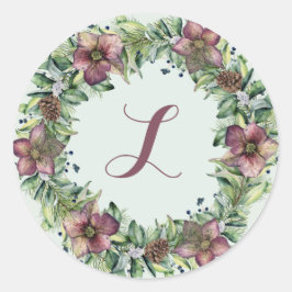 Violet Floral Wreath - Monogram Ronde Sticker