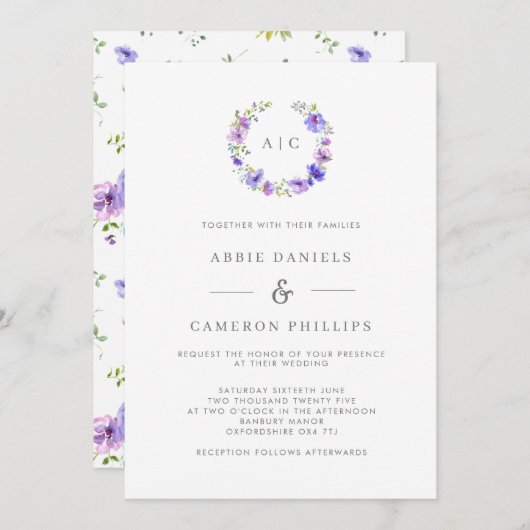 Violet Floral Wreath Monogram Weddenschap Kaart (Voorkant / Achterkant)