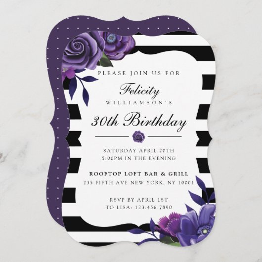 Violet Florals & Black Stripes Birthday Uitnodigin Kaart (Voorkant / Achterkant)