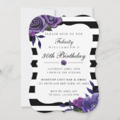 Violet Florals & Black Stripes Birthday Uitnodigin Kaart (Voorkant)