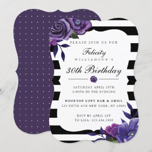 Violet Florals & Black Stripes Birthday Uitnodigin Kaart