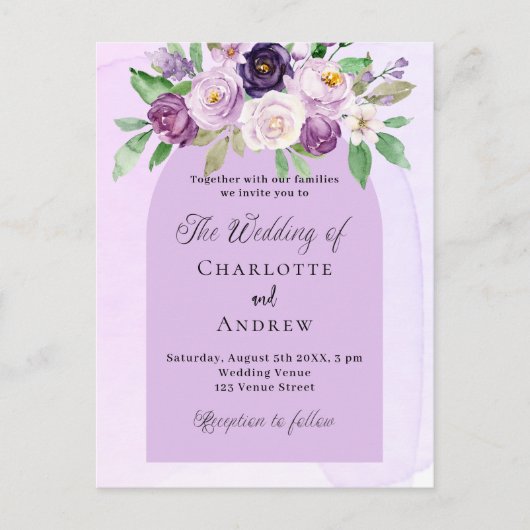 Violet florals boog paarse bruiloft uitnodiging briefkaart (Voorkant)