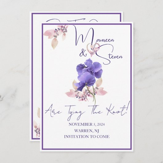 Violet Flowers Bewaar de datum Bruiloft Kaart (Voorkant / Achterkant)