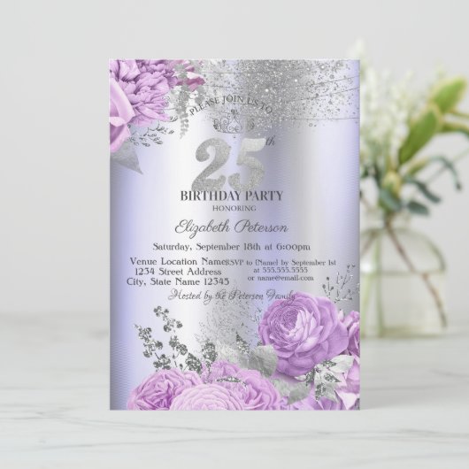 Violet Flowers Glitter Lilac 25th Birthday Kaart (Staand voorkant)