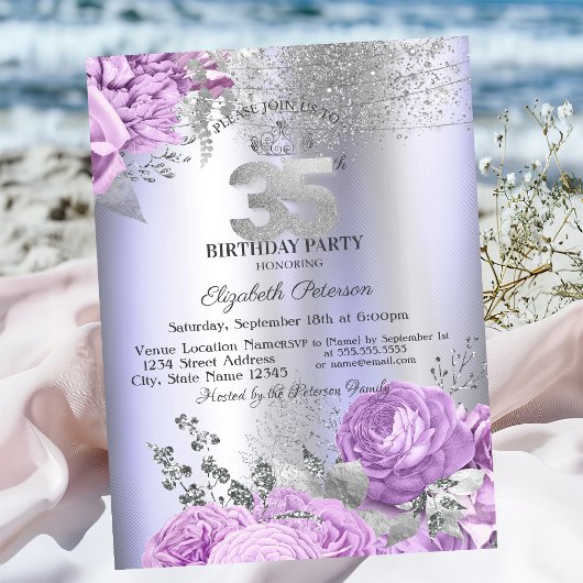 Violet Flowers Glitter Lilac 35th Birthday Kaart