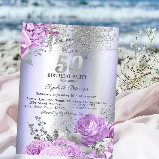 Violet Flowers Glitter Lilac 50th Birthday   Kaart