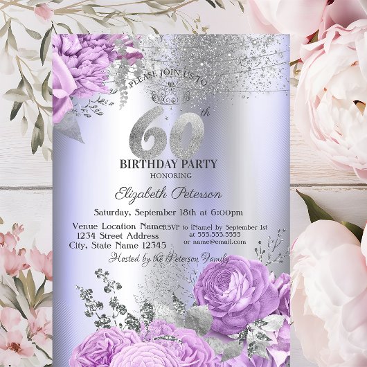 Violet Flowers Glitter Lilac 60th Birthday   Kaart