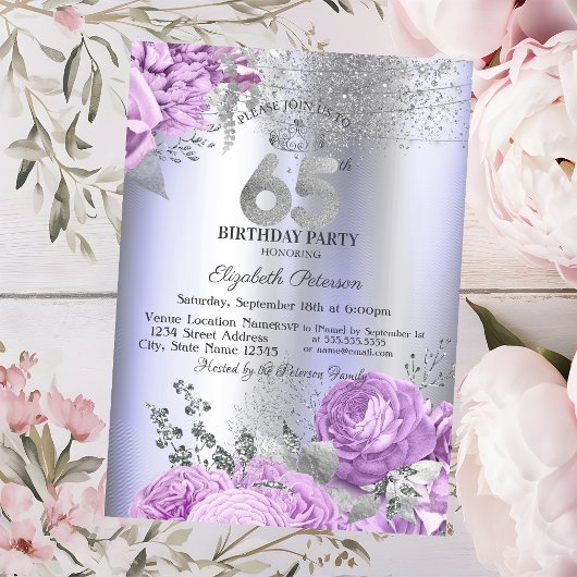 Violet Flowers Glitter Lilac 65th Birthday   Kaart