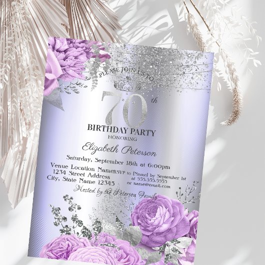 Violet Flowers Glitter Lilac 70th Birthday   Kaart