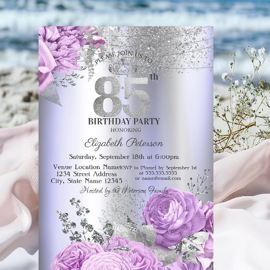 Violet Flowers Glitter Lilac 85th Birthday   Kaart