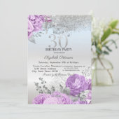 Violet Flowers Glitter Silver 30th Birthday Kaart (Staand voorkant)