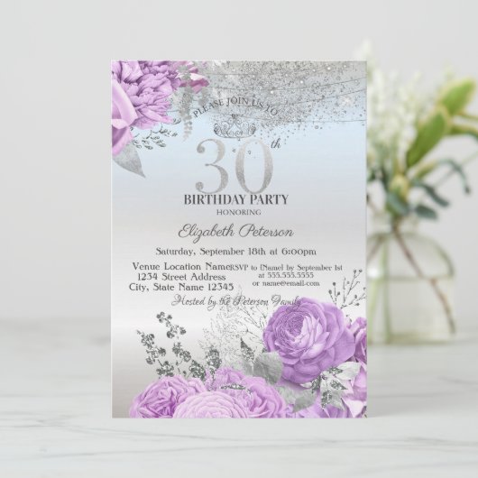 Violet Flowers Glitter Silver 30th Birthday   Kaart (Staand voorkant)
