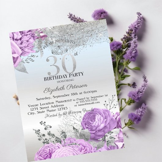 Violet Flowers Glitter Silver 30th Birthday Kaart
