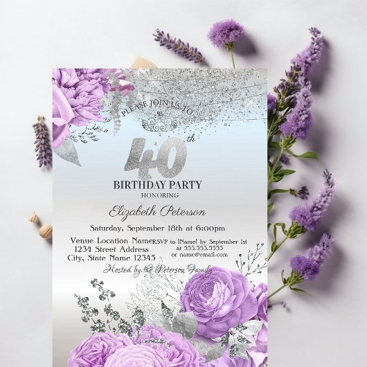 Violet Flowers Glitter Silver 40th Birthday   Kaart