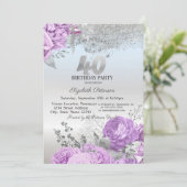 Violet Flowers Glitter Silver 40th Birthday   Kaart (Staand voorkant)