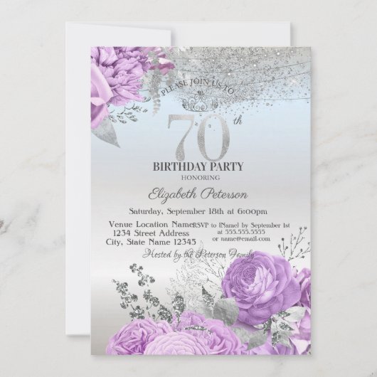 Violet Flowers Glitter Silver 70th Birthday Kaart (Voorkant)