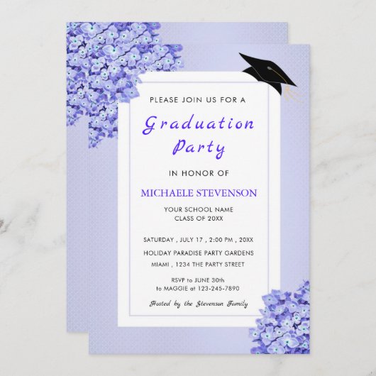 Violet Flowers Graduy Party Invitation (Voorkant / Achterkant)