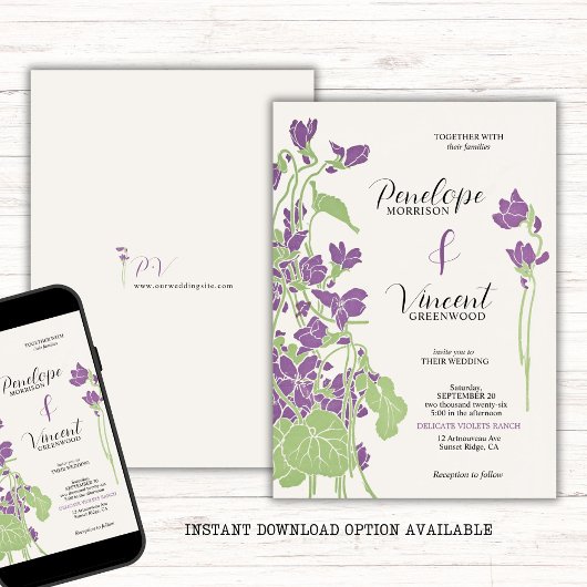 Violet Flowers Letterpress Style Wedding Kaart