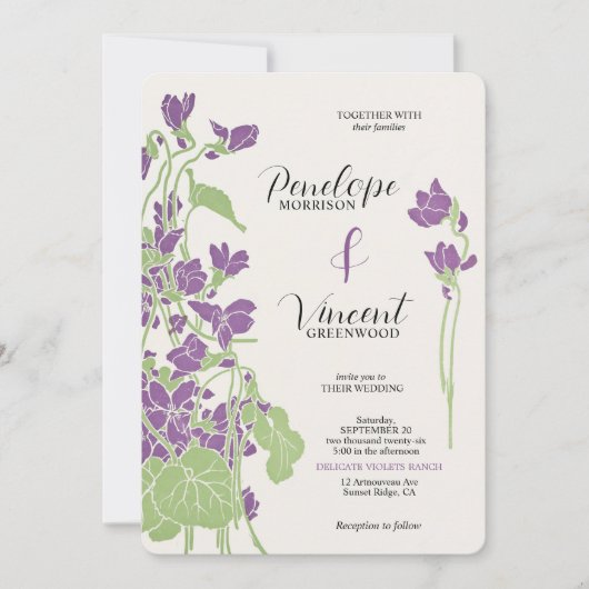 Violet Flowers Letterpress Style Wedding Kaart (Voorkant)
