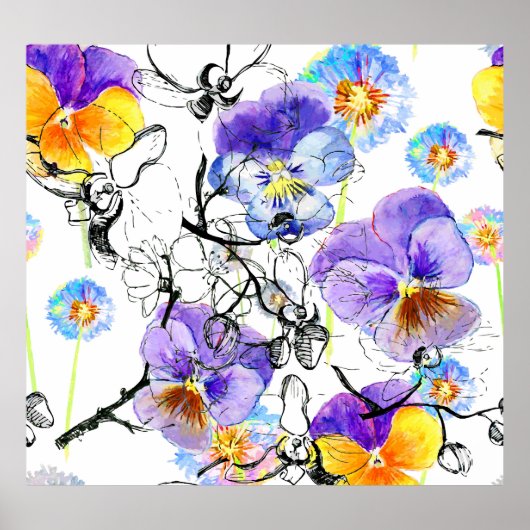 Violet Flowers Waterverf Patroon Poster (Voorkant)