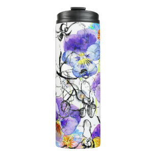 Violet Flowers Waterverf Patroon Thermosbeker