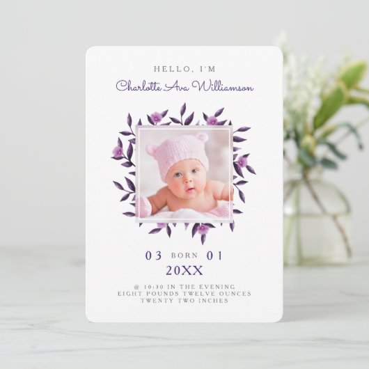 Violet Foliage Floral Wreath Birth Announement Aankondiging (Staand voorkant)