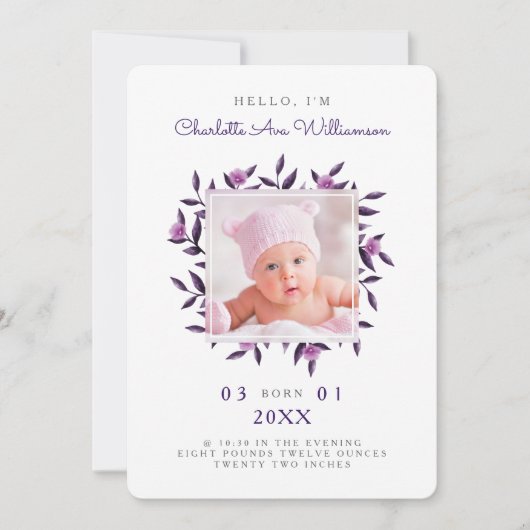 Violet Foliage Floral Wreath Birth Announement Aankondiging (Voorkant)
