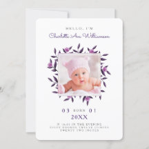 Violet Foliage Floral Wreath Birth Announement