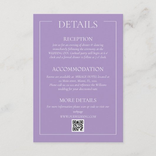 Violet Formal Wedding Details Enclosure Kaart (Voorkant)