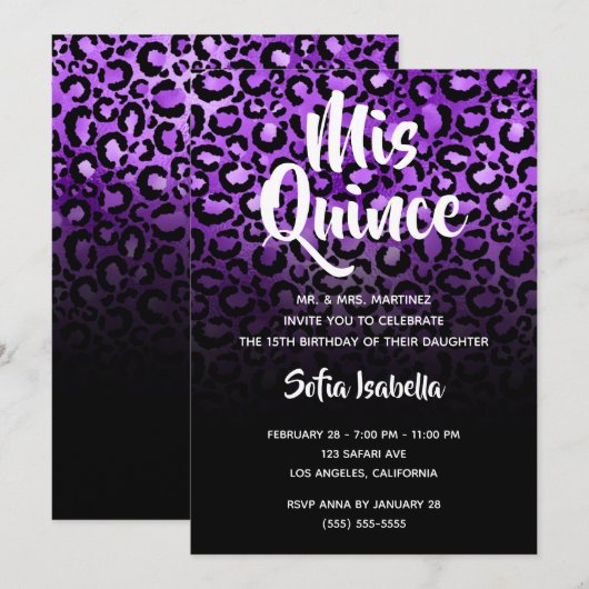 Violet Glam Leopard Spots Black Ombre Mis Quince Kaart (Voorkant / Achterkant)
