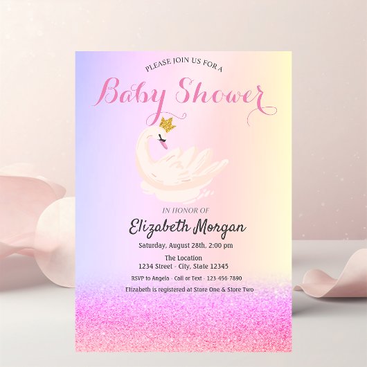 Violet Glitter Bokeh, Swan Crown Baby shower Kaart