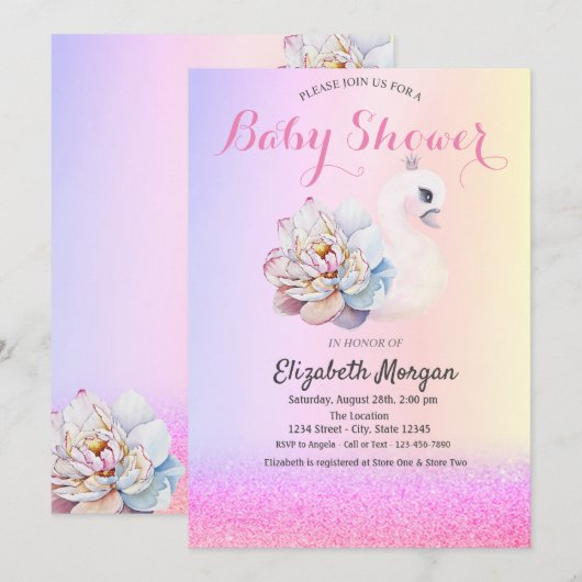 Violet Glitter Bokeh, Swan Flower Baby shower Kaart (Voorkant / Achterkant)