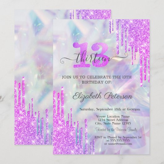 Violet Glitter Drips Holografische 13e verjaardag Kaart (Voorkant / Achterkant)