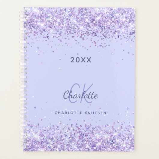 Violet glitter monogram initialen script 2023 planner (Voorkant)