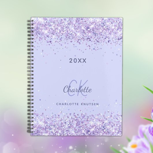 Violet glitter monogram initialen script 2023 planner
