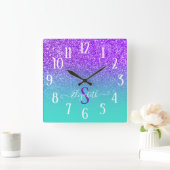 Violet Glitter Turquoise Ombre Monogram Vierkante Klok (Huis)