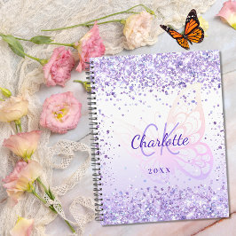 Violet glitter vlindernaam monogrammed 2026 planner