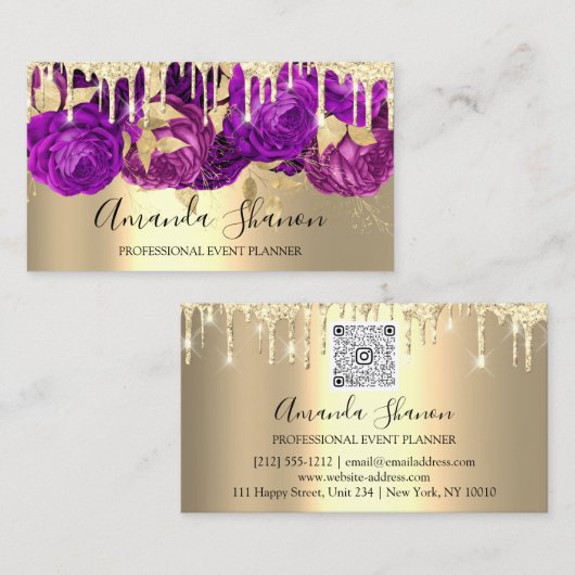 Violet Gold Drip Flower Logo Event Planner QRCode Visitekaartje (Voorkant / Achterkant)
