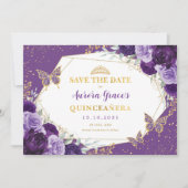 Violet Gold Quinceanera Floral Bewaar de datum Aankondiging (Voorkant)